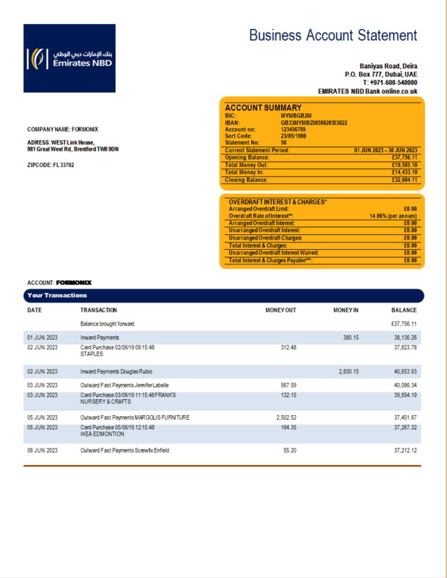 Modèle Word et PDF de déclaration d'organisation d'Emirates NBD Bank